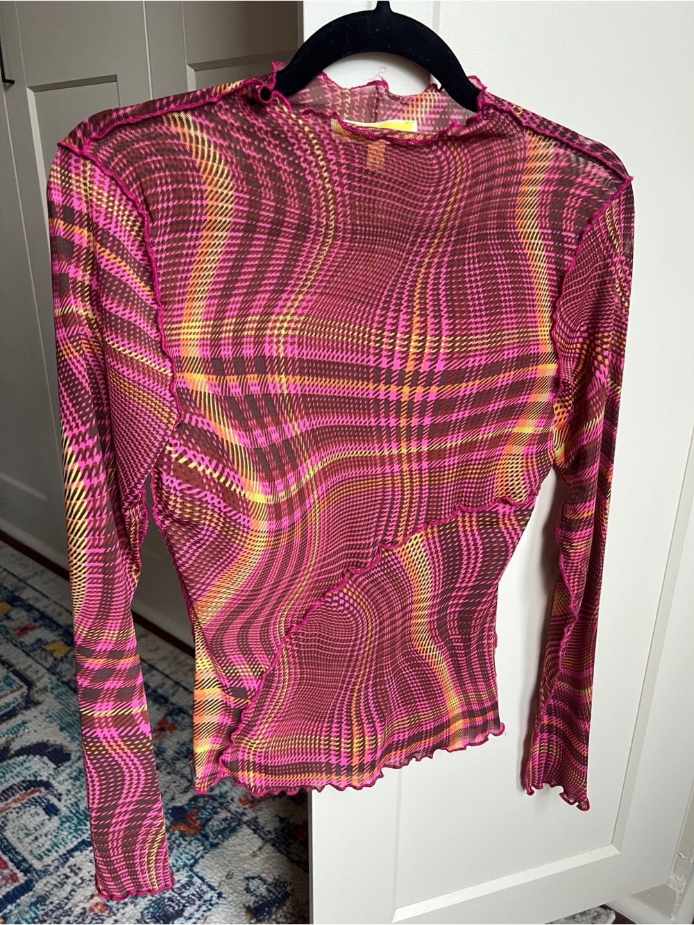 Circus NY trinity Mesh Long Sleeve funnel Neck Top in Pink Plaid Print small